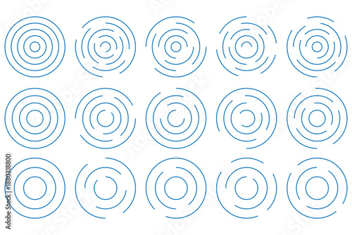 blue concentric ripple circles set. Sonar or sound wave rings collection. Epicentre, target, radar icon concept. Concentric circles set.