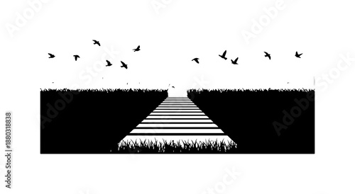 Birds Flying Over Stairway at Night