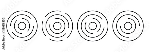black circular ripple icons and spiral line patterns set.