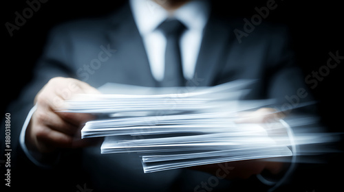 Professional businessman handing over large blurred stacks of white paper audit documents 