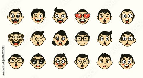 Collection of diverse cartoon human faces showing various emotional expressions from happy and surprised to cool and winking avatars.