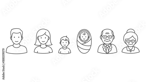 Line art icons depicting various stages of human life from infancy to old age, including baby, child, adult man, adult woman, elderly man, and elderly woman.