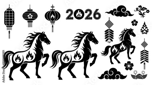 Black and white vector illustration of Chinese New Year 2026, the Year of the Fire Horse, featuring three majestic horses, traditional lanterns, firecrackers, and auspicious clouds.