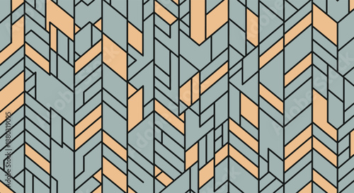 Seamless geometric abstract pattern featuring vertical lines and diagonal shapes in a muted color palette of teal, peach, and charcoal.