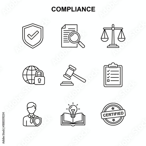 A set of line icons representing various aspects of compliance, including security, law, audit, certification, and regulation.