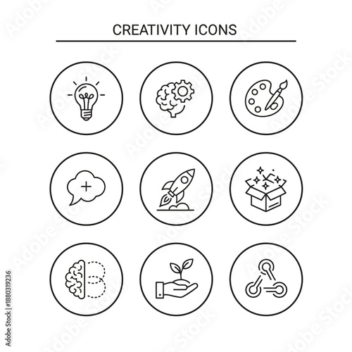 A collection of nine line art creativity icons, including a lightbulb, brain, paint palette, rocket, and growing plant, symbolizing innovation and ideas.