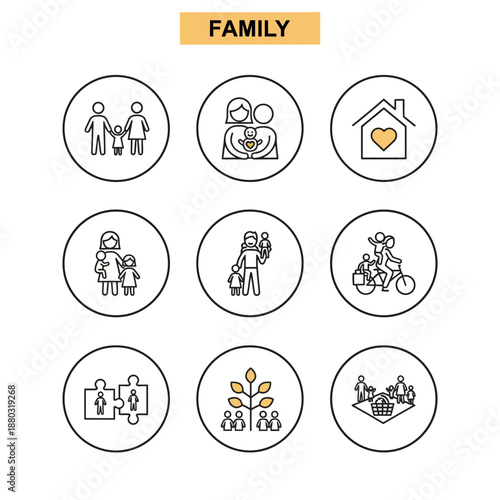 Collection of nine line art icons representing various aspects of family life, including parents, children, home, activities, and unity, with yellow accents.