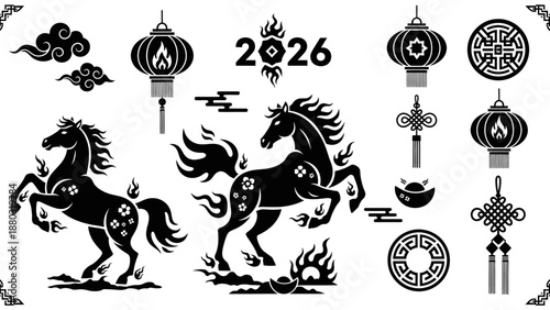 Chinese New Year 2026 Year of the Fire Horse vector set with traditional lanterns and knots.