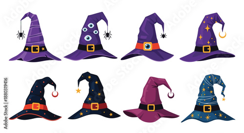 Collection of eight unique purple and dark blue witch hats featuring decorative gold buckles, hanging spiders, and star patterns.