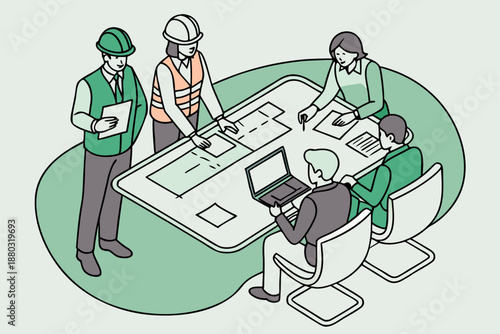 Construction project meeting featuring engineers and office staff analyzing architectural floor plan using laptops and technical documentation.
