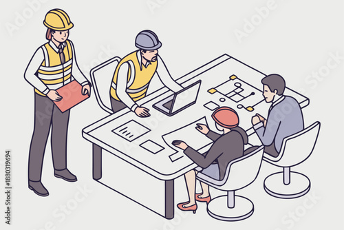 Engineers and office professionals collaborating on architectural floor plan during construction project meeting with laptops and documents present.