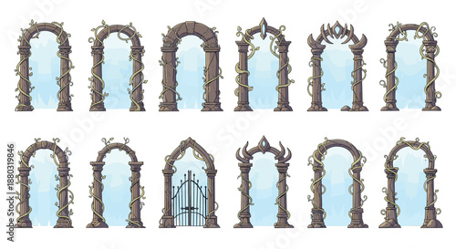 Magical fantasy stone arches overgrown with leafy green vines and creepers leading to portals against a light blue mystical background for games.