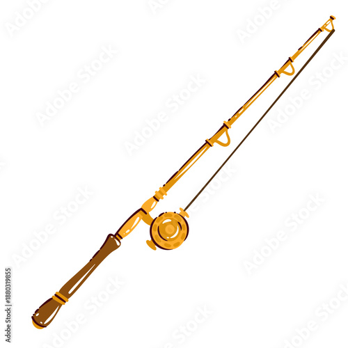 Fishing rod with reel, outdoor angling equipment element, wooden handle and line details, leisure fishing and coastal travel symbol, simple drawn object, vector illustration.