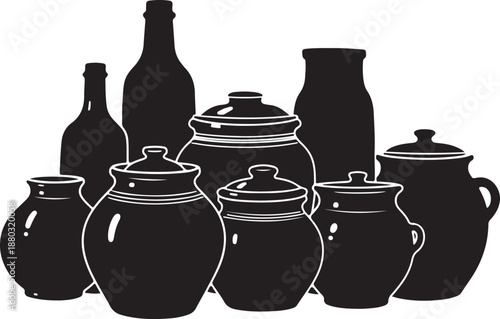 Black and white illustration of ceramic kitchenware and bottles