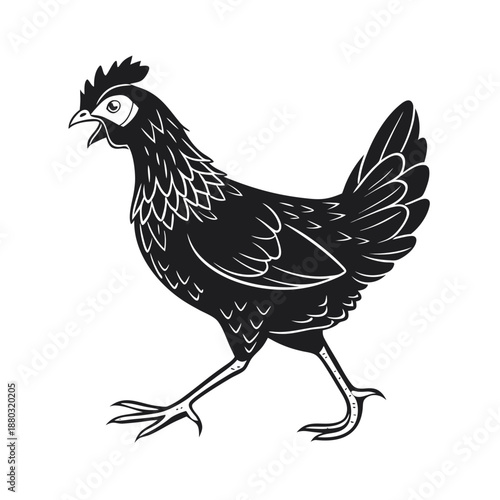 Black and white stylized chicken illustration, linocut vector hen icon isolated on white background for farm logo or poultry design.