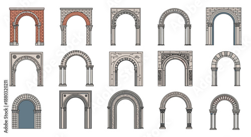Set of fifteen diverse architectural archway designs showing various styles from classical stone to brick and decorative structures.