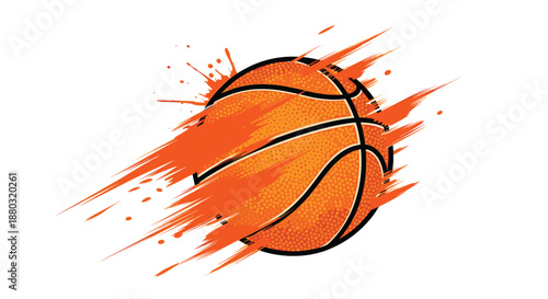 Dynamic basketball illustration featuring vibrant orange paint splatters and motion streaks representing speed and athletic energy.
