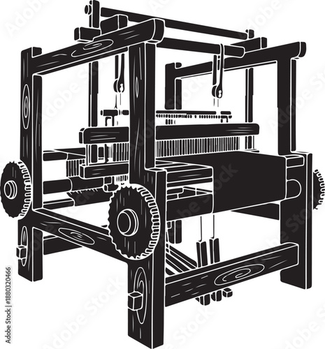 Vintage wooden loom machine for weaving fabric textile industry