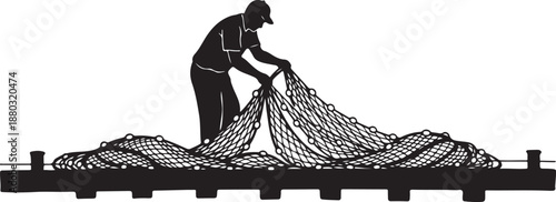 Man repairing fishing net on dock in black silhouette