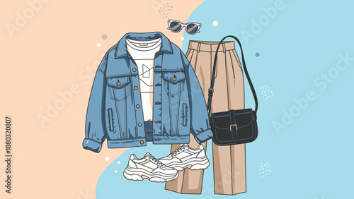Fashionable outfit with denim jacket and accessories on display