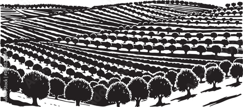 Black and white illustration of a tree lined landscape