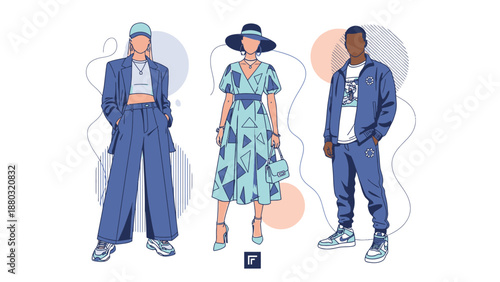 Fashionable people in stylish outfits with modern accessories