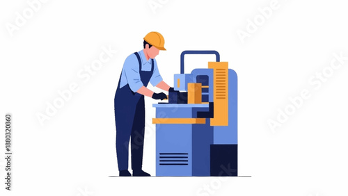An industrial worker in a hard hat and overalls operates a blue and yellow manufacturing machine.