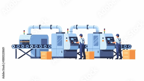 Modern factory production line featuring automated machinery, conveyor belts, and skilled workers managing manufacturing processes.
