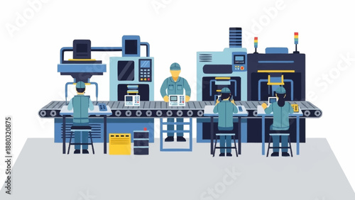 Industrial factory production line with workers assembling products using automated machinery.