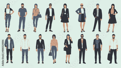 Diverse group of business professionals in modern office attire standing confidently