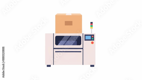 An automated industrial machine with a control panel and signal lights processing a cardboard box.
