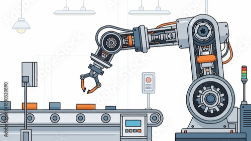An automated robotic arm with an open gripper positioned over a conveyor belt carrying items in a modern factory setting.