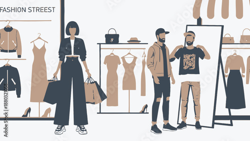 Fashionable people shopping and trying on clothes in trendy store