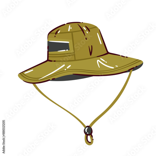 Wide brim travel hat with chin strap, outdoor headwear for sun protection, safari and hiking accessory, adventure clothing element, hand drawn style, vector illustration.