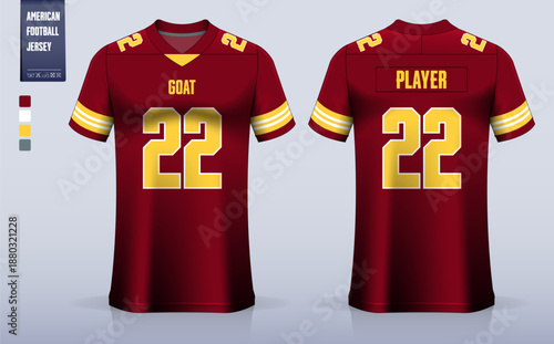 Red American football jersey mockup template design. Front view and back view football kit design. 