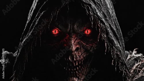 A terrifying dark hooded demon with blazing fire eyes emerges from the shadows, an ominous satanic entity embodying pure evil and dread, a harbinger of fear and doom