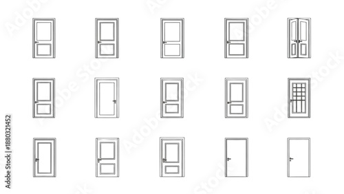 Collection of various styles of doors and door frames in a blueprint style