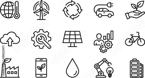 Black and white icon set of 16 sustainability and tech symbols including wind turbine, electric car, solar panel, battery, leaf