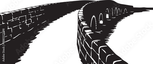 Black and white illustration of a curved brick wall