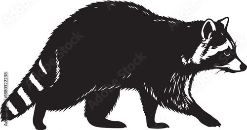 Black and White Raccoon Walking Sideways in Profile View