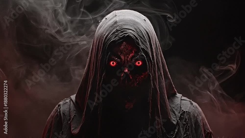A terrifying hooded demon with eyes blazing like infernal fire, embodying the dark essence of satan and emanating pure malevolence in a smoky abyss
