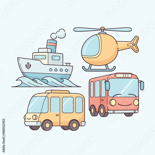Collection of cartoon transportation vehicles including a ship, helicopter, and two vehicles on land from a straightforward viewpoint
