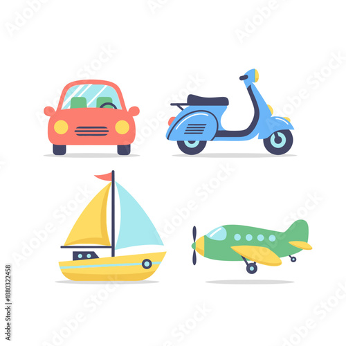 A collection of vehicles and vessels including a car, scooter, sailboat, and airplane showcased in a graphic illustration from a straightforward viewpoint