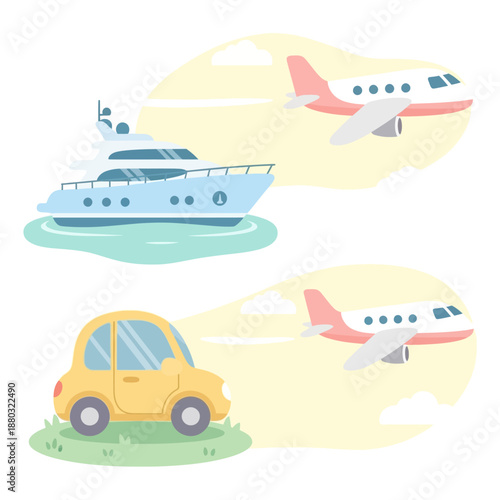 Illustration depicting various modes of transportation, including a yacht, car, and airplanes.