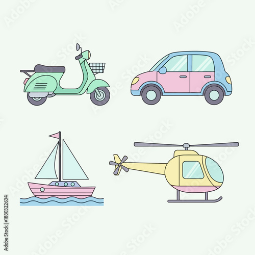 Illustration featuring a scooter, car, sailboat, and helicopter, all in a flat, cartoon style.