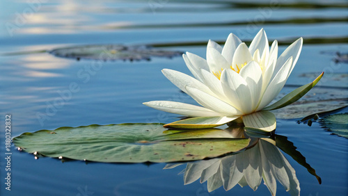Quadro su tela Beautiful Photograph of a White Water Lily Flower Floating on Blue Pond Water