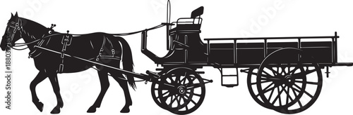 Black Horse Drawn Wagon Silhouette on White Background Illustration