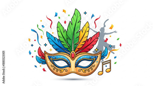 Vibrant mardi gras mask with colorful feathers and confetti