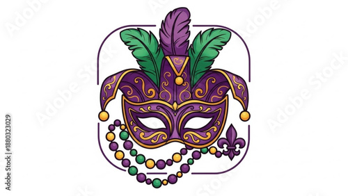 Mardi gras mask with feathers and beads for carnival celebrations