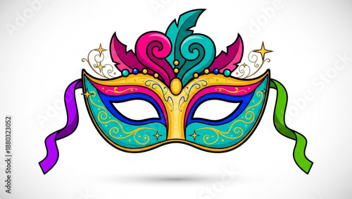 Colorful mardi gras mask with ribbons and ornate designs on white